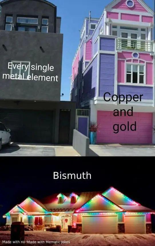 It humorously depicts how bismuth stands out among metals by showing colorful, flashy houses representing copper/gold and bismuth versus a plain gray building for other metals, playing on bismuth's unique rainbow iridescent properties.
