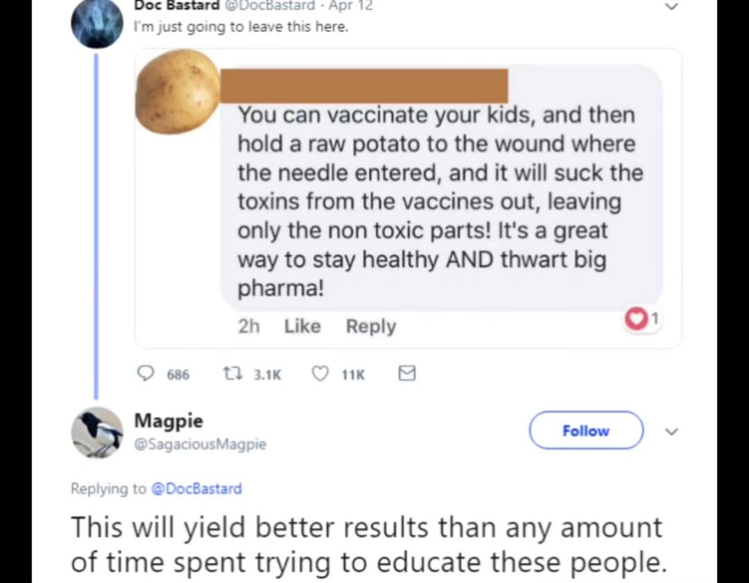 The humor comes from the absurd pseudoscientific claim about potatoes sucking vaccine toxins out, followed by a deadpan response suggesting this ridiculous method would be more effective than actual education.