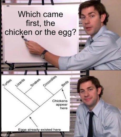 It humorously uses an evolutionary timeline chart to definitively answer the classic philosophical question by showing eggs existed millions of years before chickens evolved.