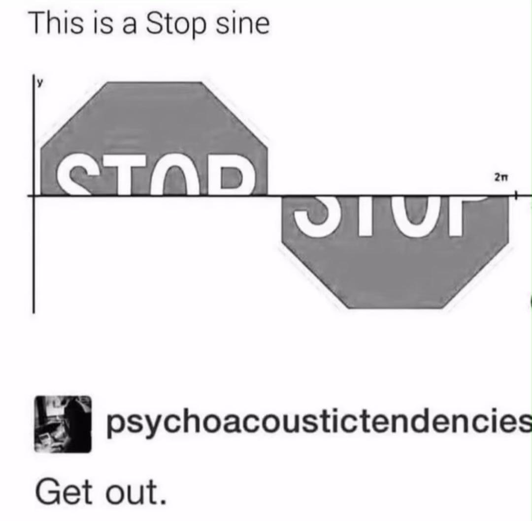 It's a clever math pun that transforms a stop sign into a 'stop sine' by placing it on a coordinate plane where sine functions oscillate, with the watermark suggesting people should 'get out' if they don't appreciate math humor.