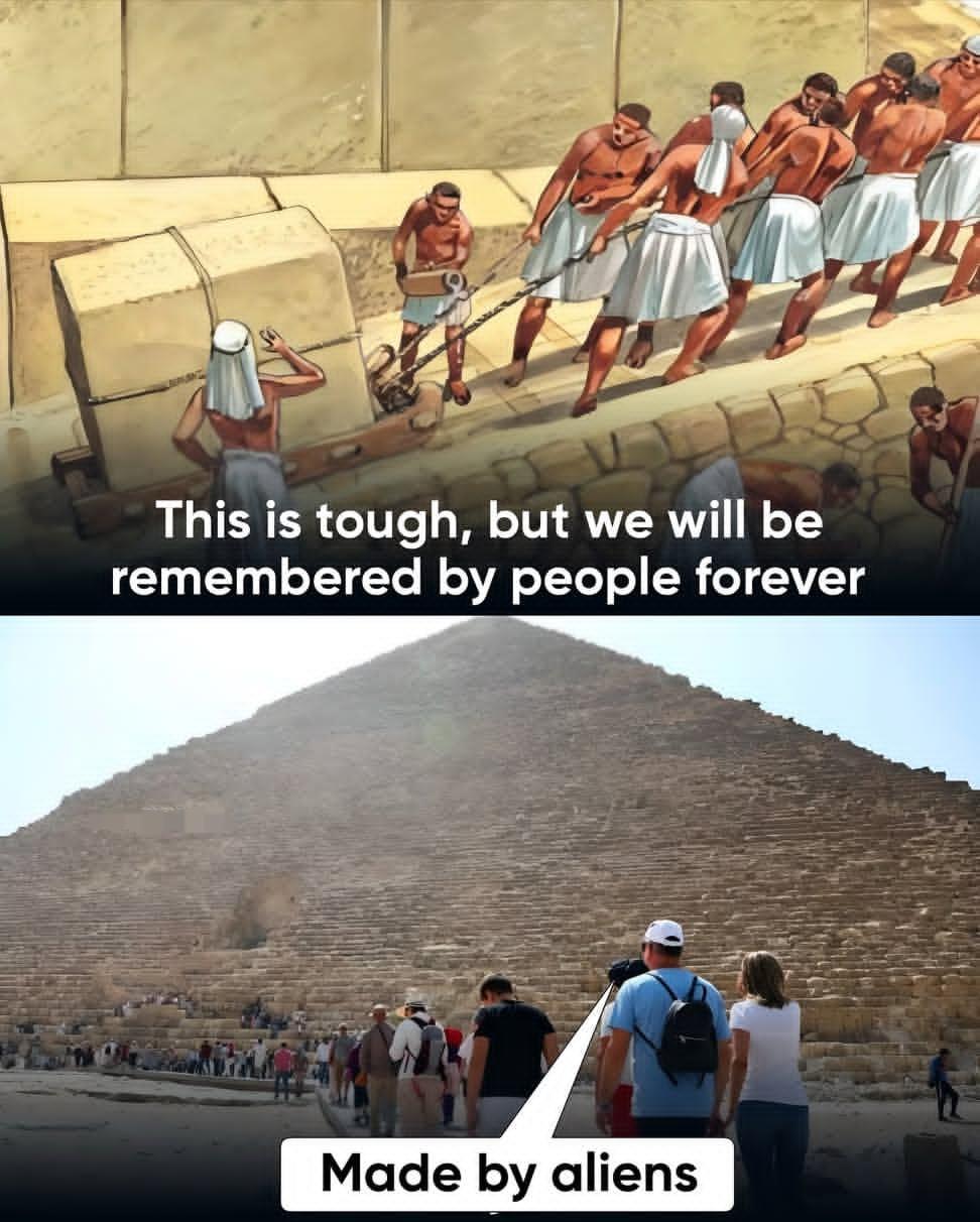 It humorously contrasts the ancient Egyptian pyramid builders' noble expectations of being remembered forever with the modern conspiracy theory that aliens built the pyramids instead.