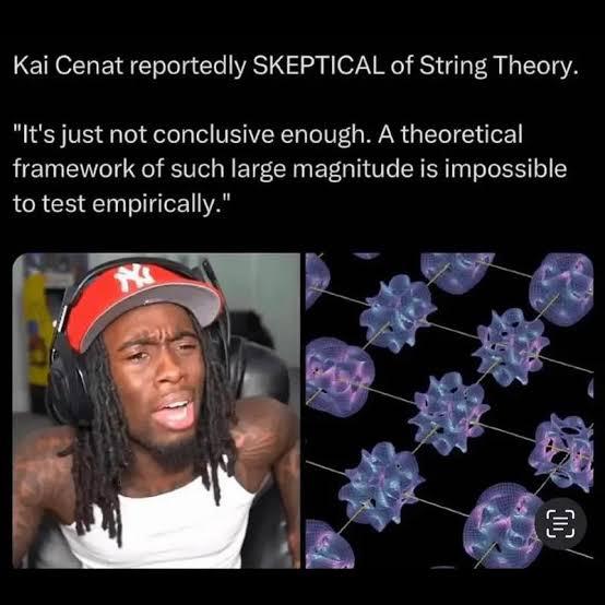 It humorously contrasts a theoretical physicist's sophisticated criticism of string theory with a confused reaction face, playing on the complexity of advanced physics concepts.